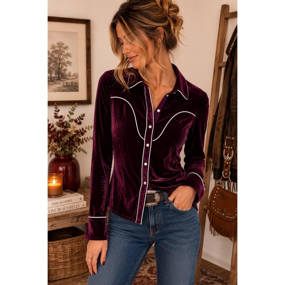 Ariat Burgundy Velvet Western Pearl Snap Shirt Womens Medium Cowgirl Rodeo Top - Picture 7 of 7